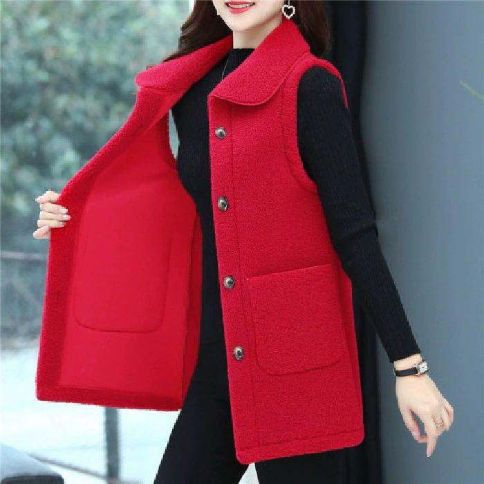 Mid‑length sleeveless vest, spring long jacket, button front with pockets, sizes XL–5XL