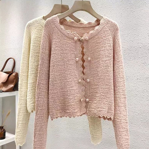French-inspired gentle style: Spring hollowed-out crochet floral cardigan for women – versatile solid-color thin sweater with lace-trimmed collar and jacket-like design