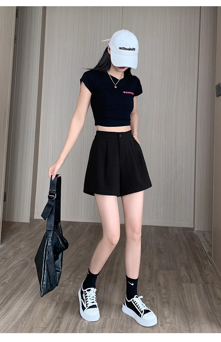 Quần short nữ cạp cao dáng chữ A ống rộng mùa hè — Màu đen (gửi thắt lưng xoắn khóa ngẫu nhiên) chi tiết 25