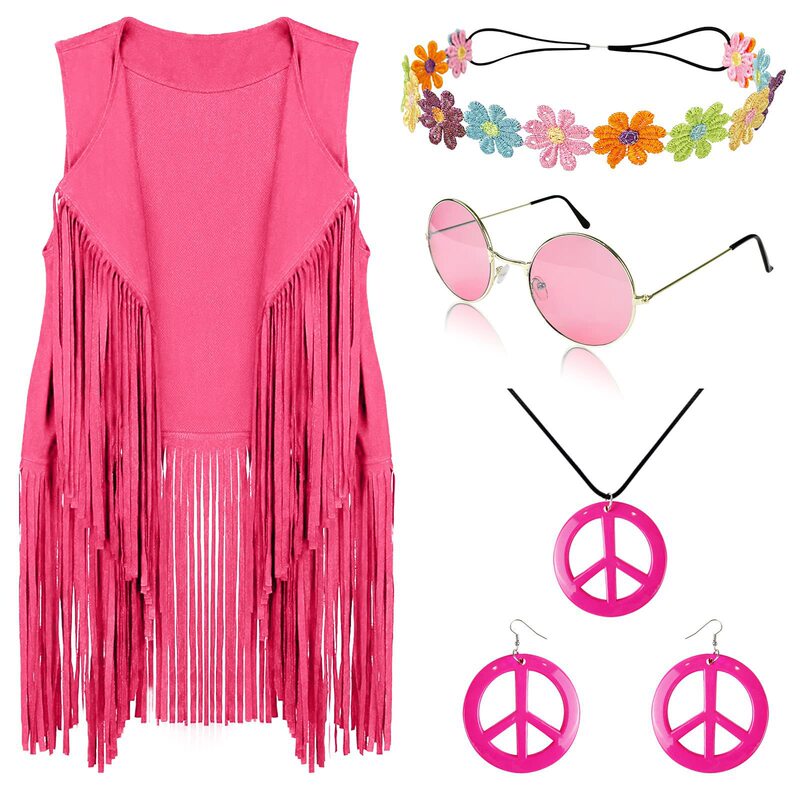 European and American 60S Hippie Party Clothing Tassel Vest Female Cosplay Five-Piece Suit Retro Casual Trend