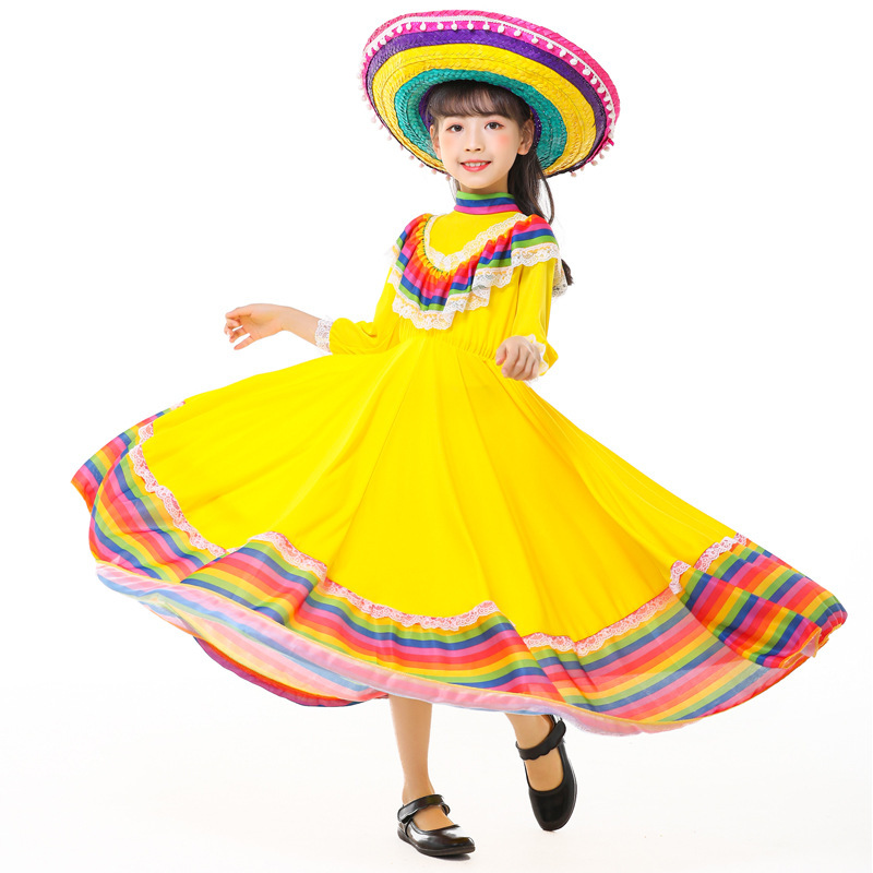 Mexican National Costume Girls Big Swing Dress Dead Day Party Dress Halloween Dance Dress Prom Party