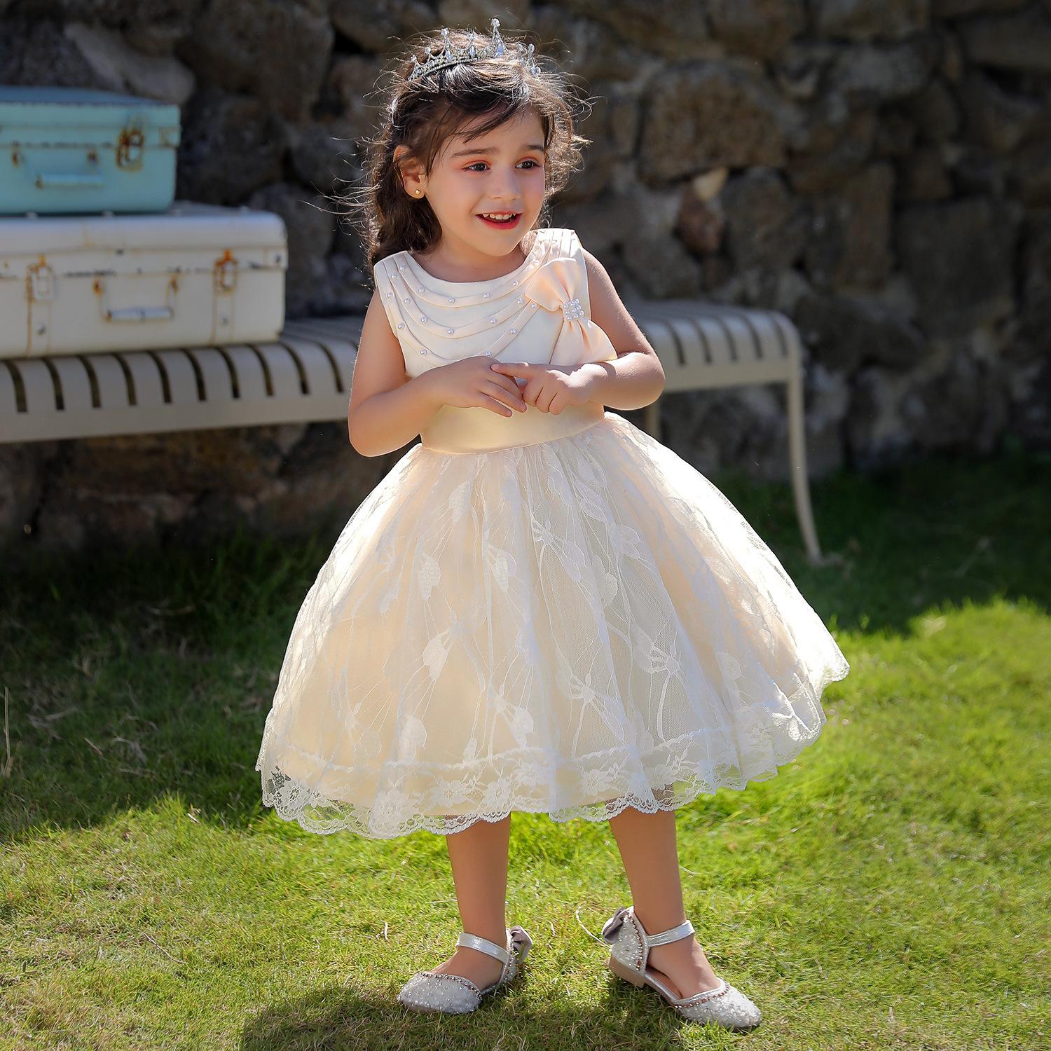 Nuevas niñas vestido europeo y americano encaje arco niñas falda niños vestido princesa vestido de una sola pieza entrega