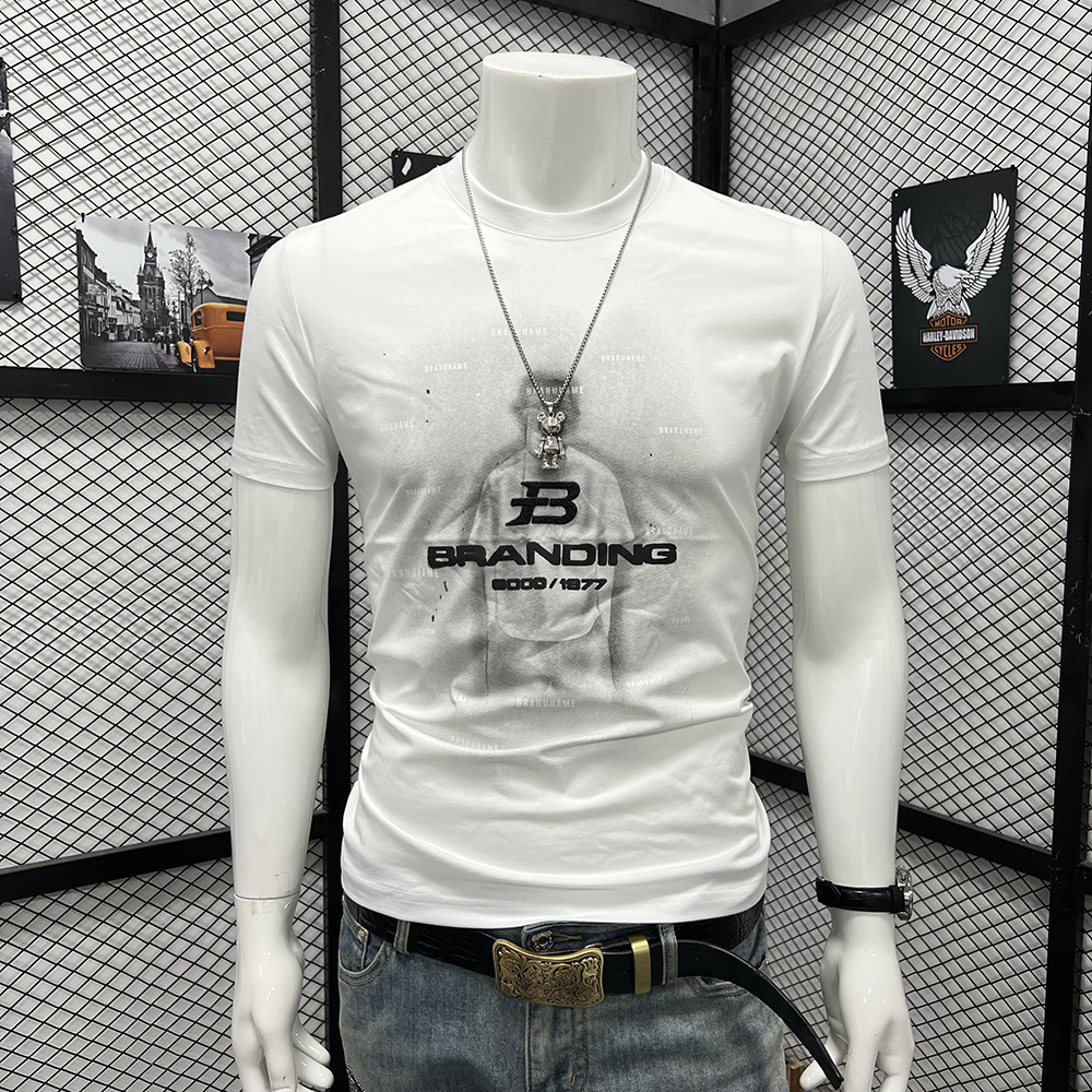 Summer ruffian handsome men's round neck short sleeve high-end fashion printing trendy men's letter B trendy brand T-shirt slim fit top men's clothing