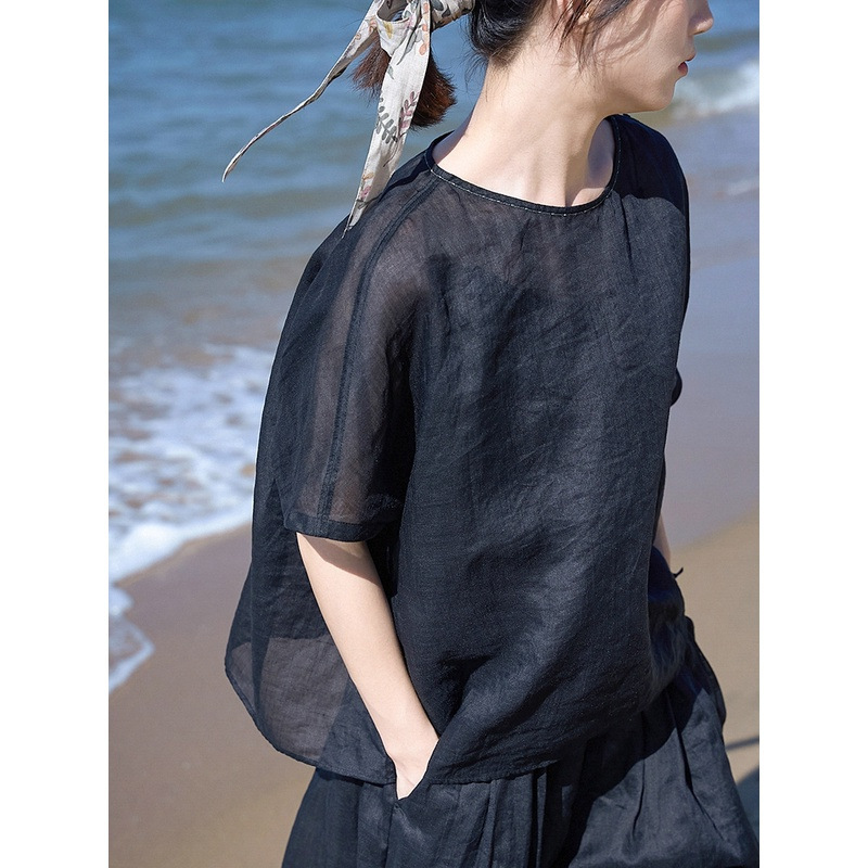 100 Count Summer Ink Black Thin Count Ramie Light and Delicate Round Neck Pullover Literary Retro Easiest for Match Outer Shirt