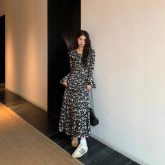 pusumede 法式碎花连衣裙女荷叶边设计感收腰气质鱼尾裙长款裙子