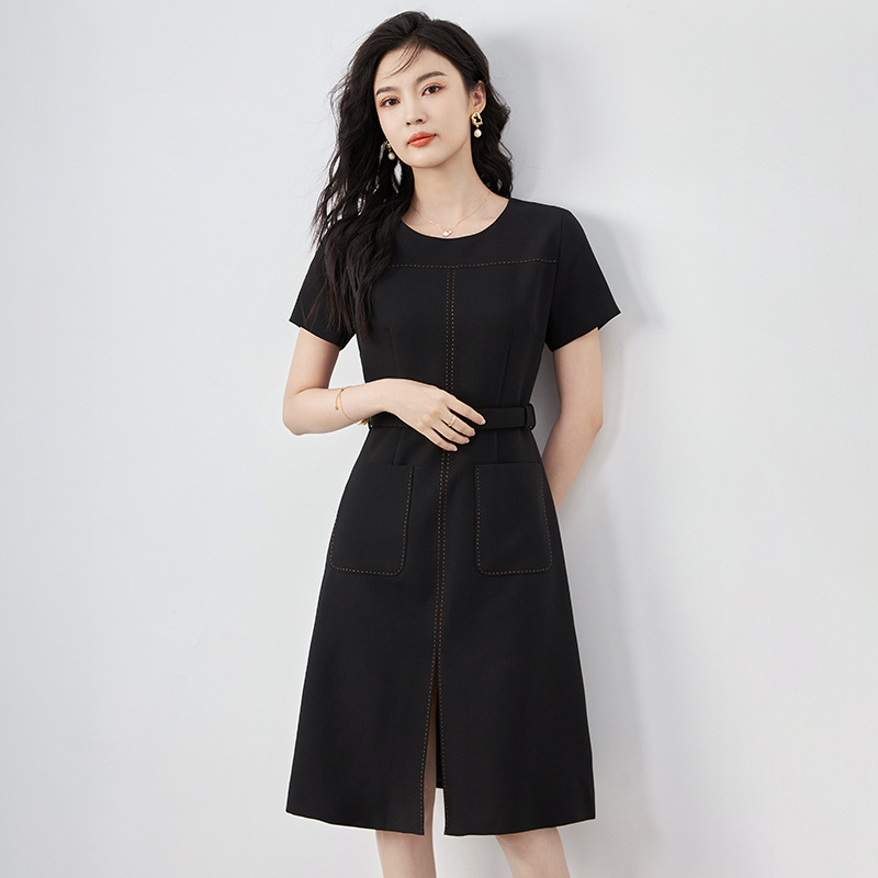 Đầm suông nữ midi che khuyết điểm eo, phong cách đi làm — Màu đen
