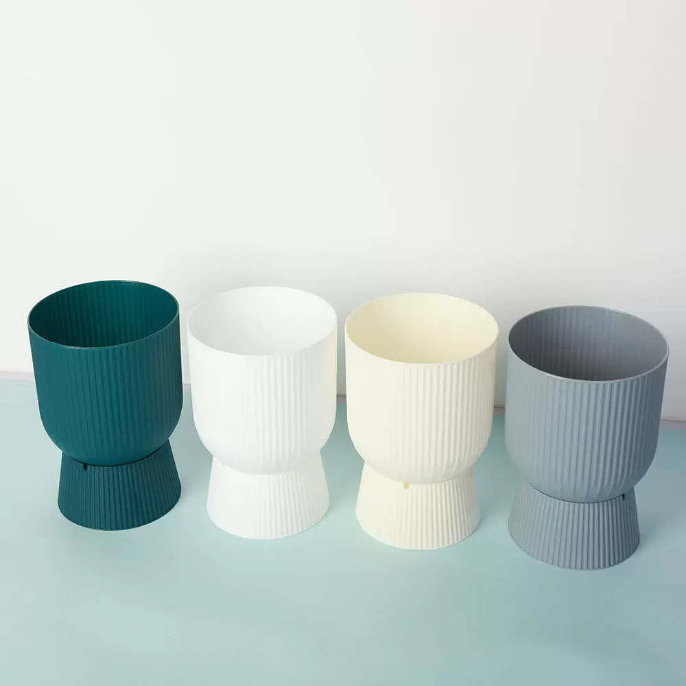 北欧简约轻奢竖纹仿陶瓷塑料花盆，欧款创意桌面装饰塑料花盆