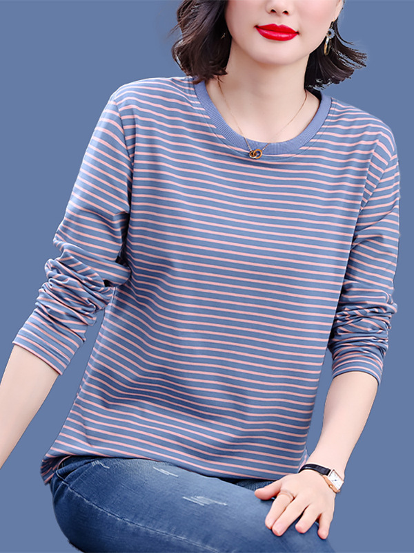 Cotton Striped Long-sleeved T-shirt Women's plus size Top Spring and Autumn New Western Style Crewneck Loose Base Shirt for Middle-aged Mother