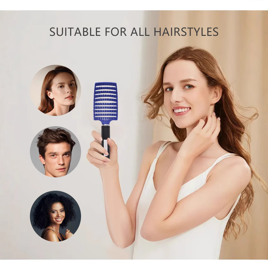 Costillas de pelo lisas transfronterizas, peine de curva grande, crin de jabalí, aguja de nailon, mango de goma, cepillo de masaje de punto de fábrica