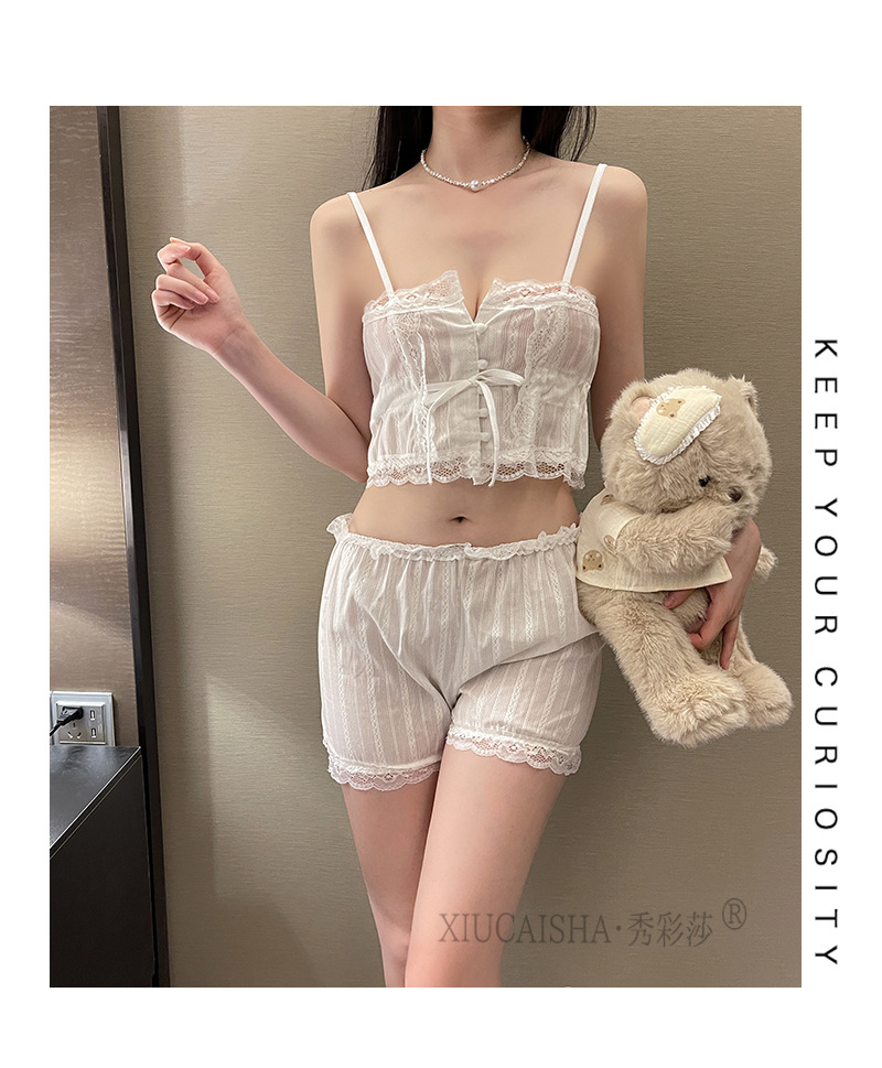 Sexy Lace Camisole Pajama Set for Women, Thin Polyester Babydoll, White One Size — detail image 13