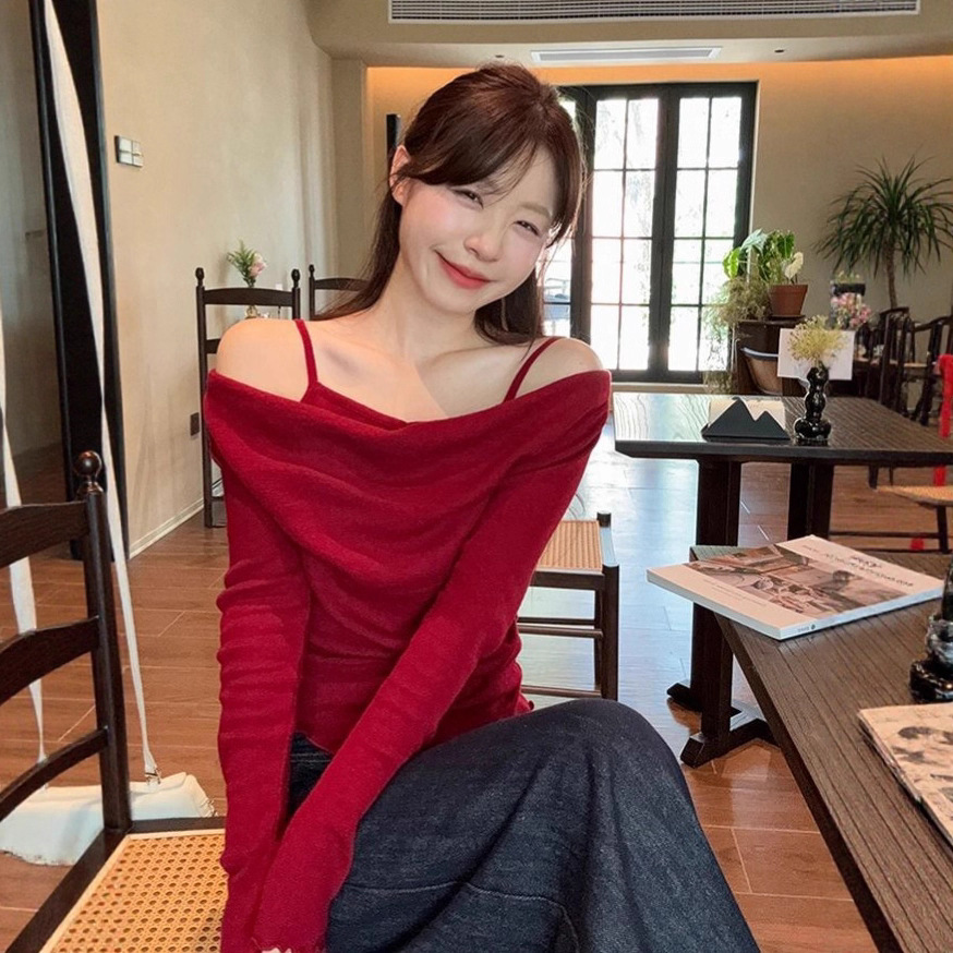 2026 Women's Spring and Autumn New Design Patchwork Flared Sleeve Off-Shoulder Long Sleeve T-Shirt Women's One-Shoulder Top Base Shirt