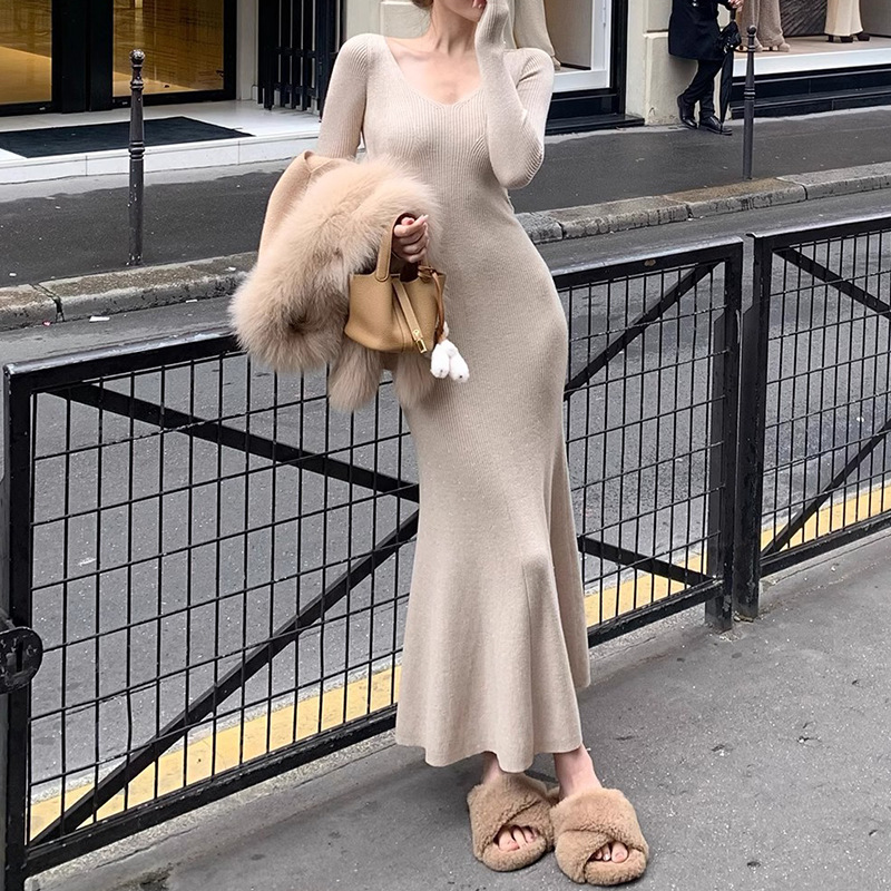 Winter Womens V-neck Silk Wool Long Sleeve Fishtail Knitted Long Woolen  Dresses | eBay