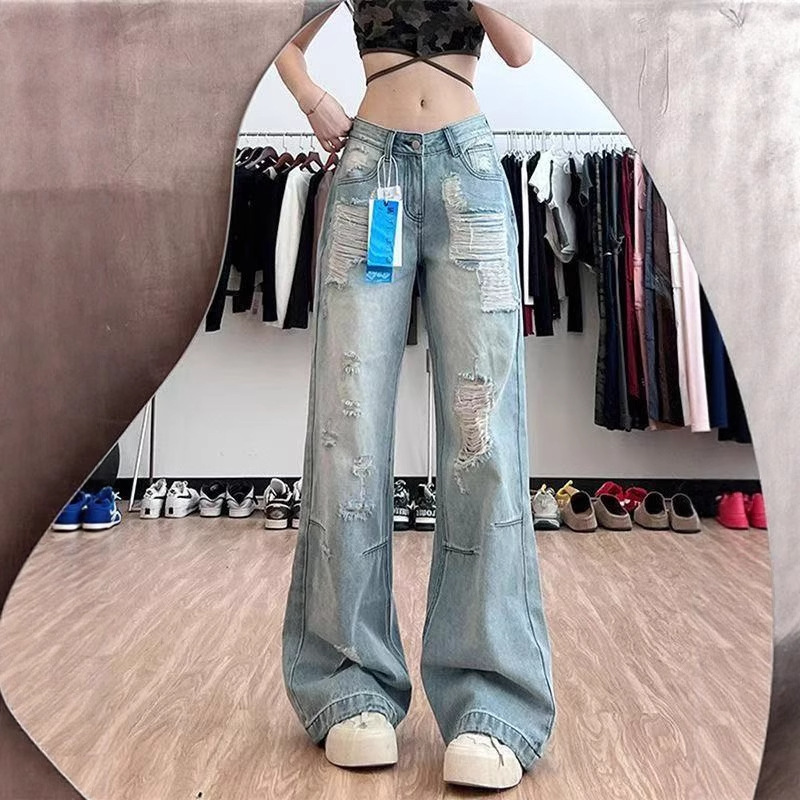 168 Tall Blue Ripped Jeans for Women Street Loose Straight Low Waist Washed Distressed Floor-Length Pants