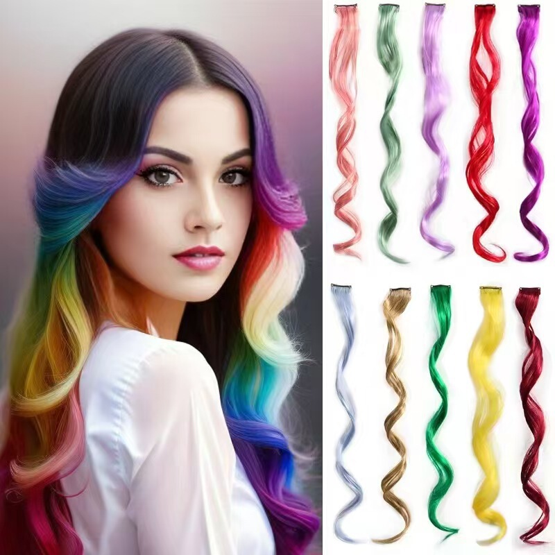 Clip-In Hair Extensions for Women, One-Piece Long Curly Wig with Ear-Hanging Dyeing, Color Seamless, Gradient Curly Hair Extensions