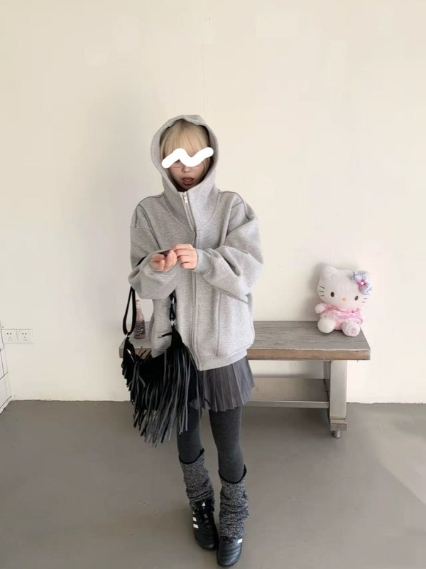 灰色卫衣外套女连帽美式大口袋上衣宽松秋冬季2025新款男女同款|undefined