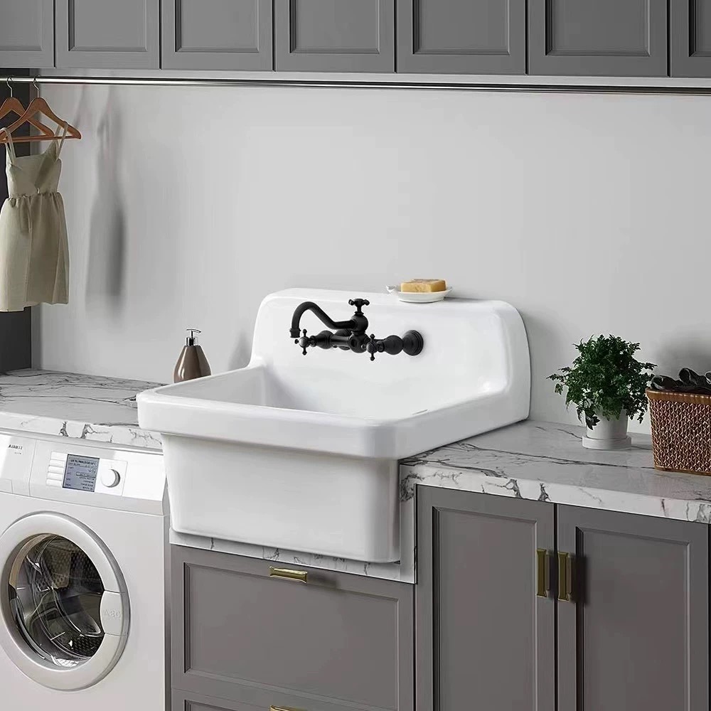 French-Style High-Back Ceramic Sink, Wall-Mounted High-Back Washbasin, Balcony Laundry Basin