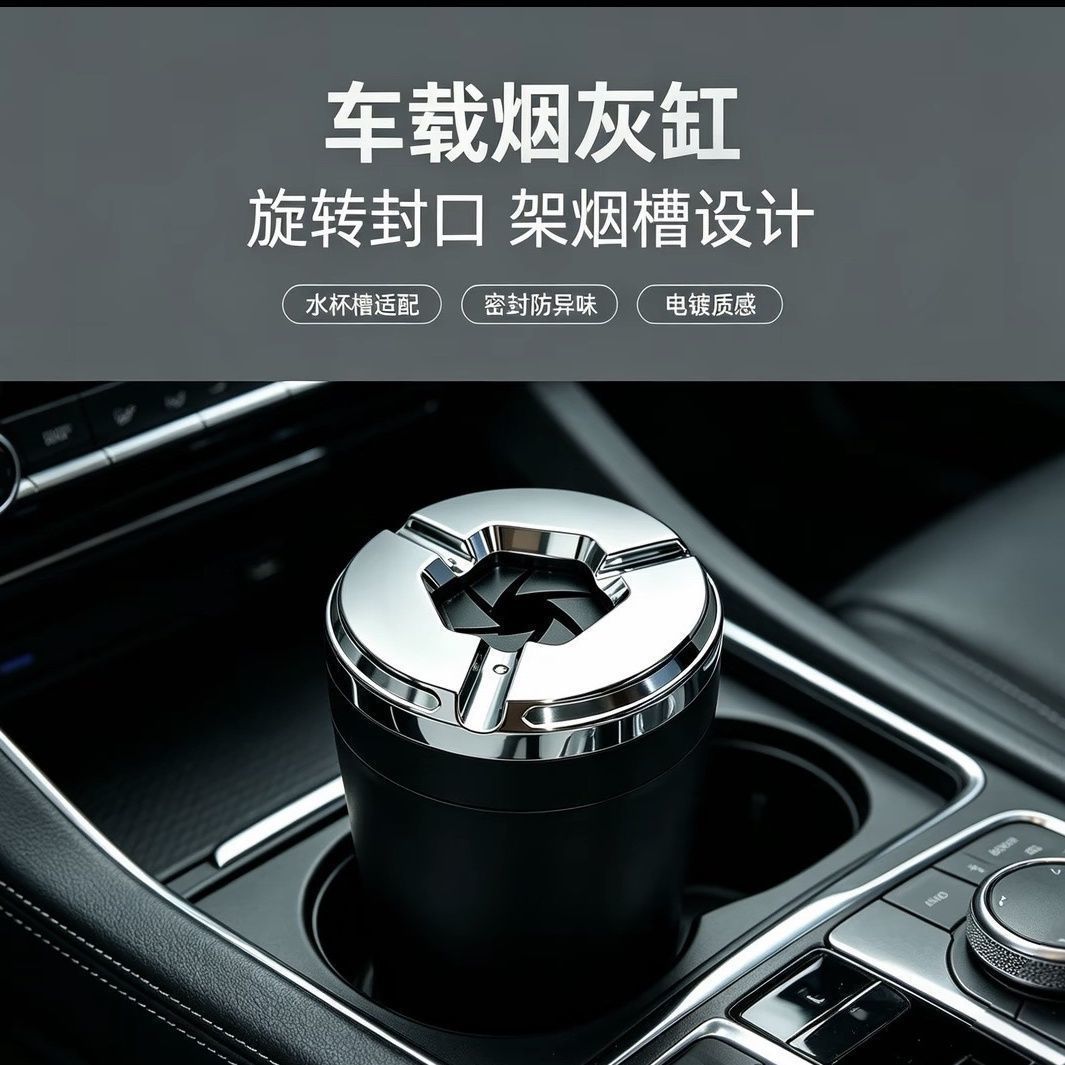 2026 New Stylish Rotating Open-Close Car Ashtray with Cup Holder, Sealed to Prevent Odor, Electroplated Texture