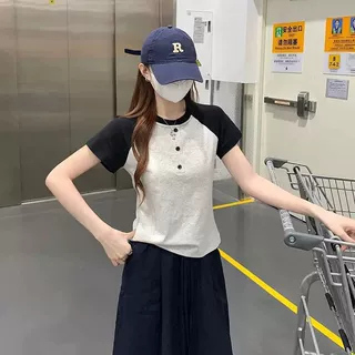 高质量纯棉灰拼黑短袖T恤女款美式休闲风设计感撞色拼接大码上衣