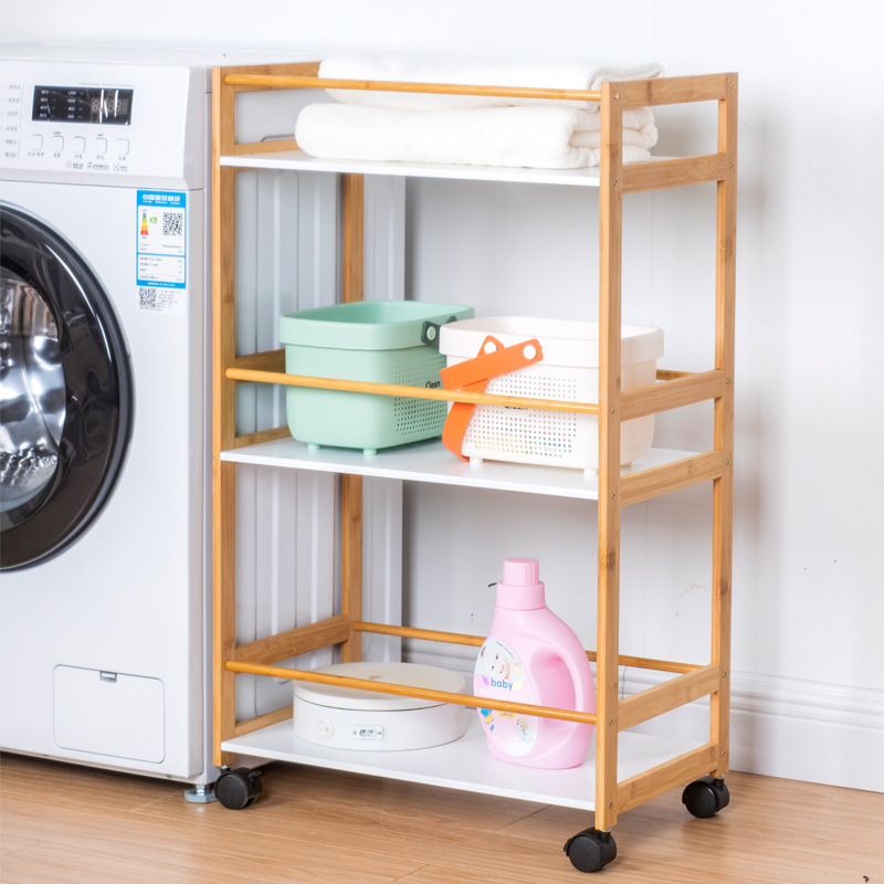 Procesamiento personalizado de tres capas de estantes de almacenamiento de cocina doméstica Nan bambú material rodillo móvil puede frenar el diseño