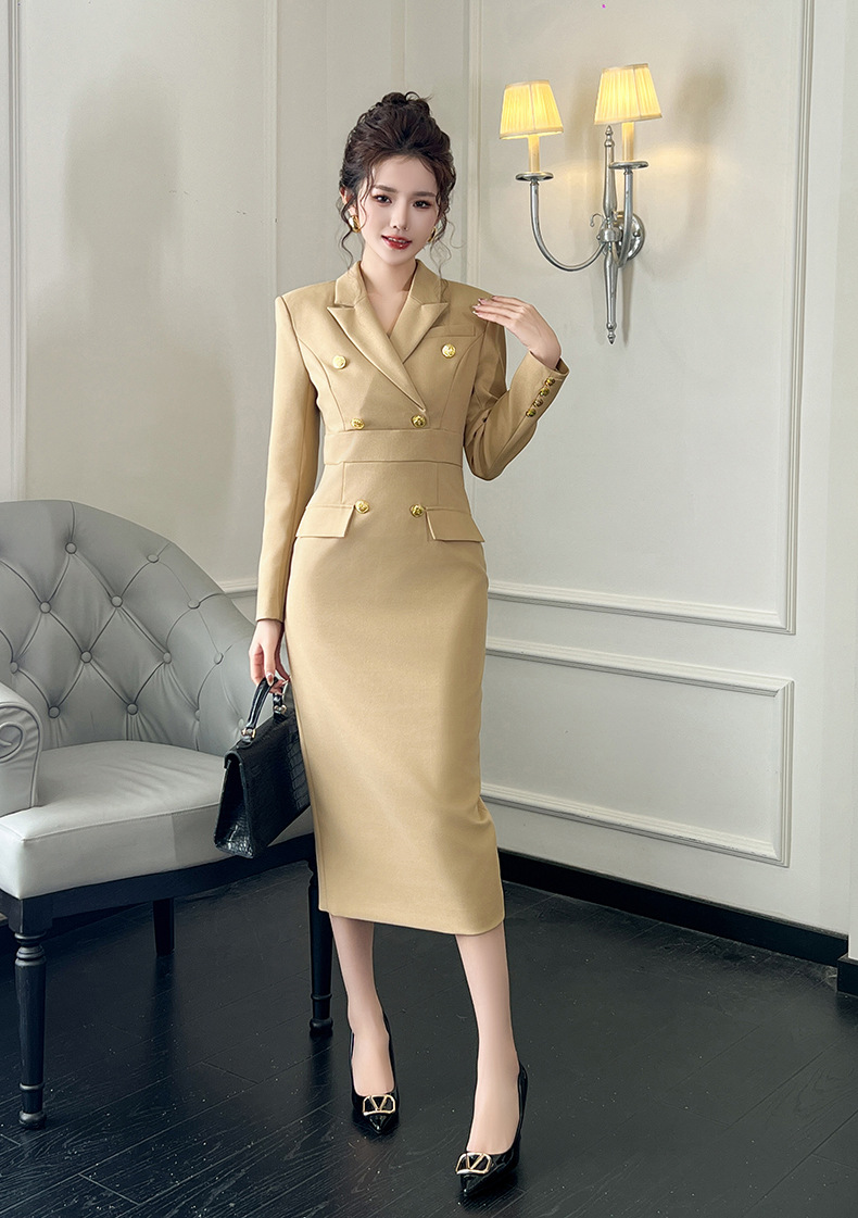 Đầm bodycon công sở cổ vest ôm eo chân váy dài — Màu vàng camel chi tiết 17