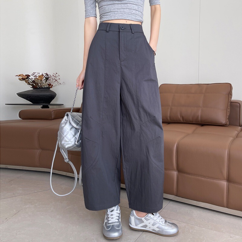High-End Gray Wide-Leg Cropped Pants for Women, Summer Thin Style, Petite High-Waisted Slimming Quick-Dry Casual Pants High-End Gray Wide-Leg Cropped Pants for Women, Summer Thin Style, Petite High-Waisted Slimming Quick-Dry Casual Pants