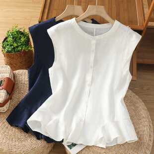 Real Shot of Korean Sweet Round Neck Ruffled Patchwork Waist Shirt for Women Summer New Versatile Sleeveless Babydoll Shirt