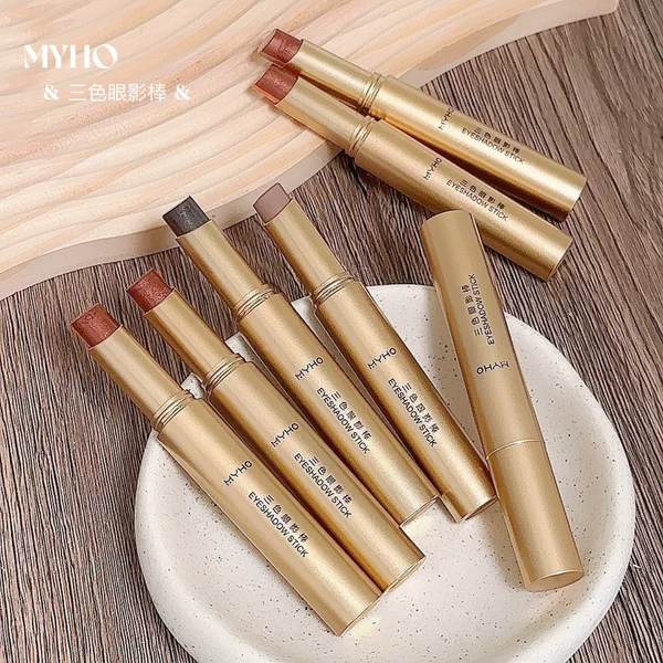 Three-color gradient eyeshadow stick, one-swipe application, high-gloss pearl shimmer matte eyeshadow pen for beginners, easy to use, earth tones