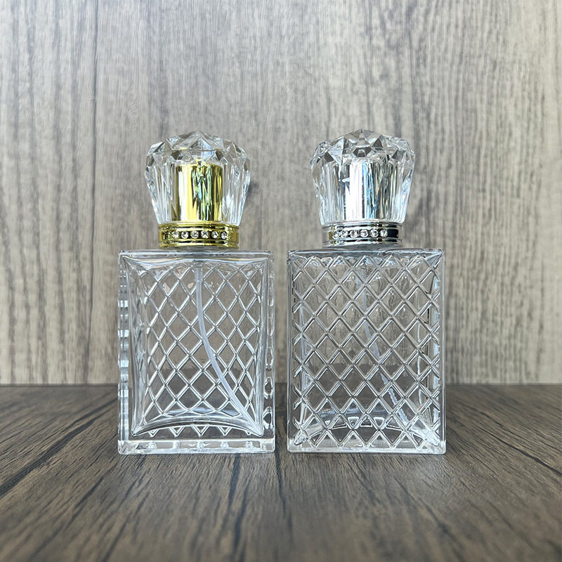 现货螺口B067-50ml方形ps网格透明玻璃香水瓶/便携分装按压喷雾空