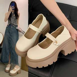 Mary Jane Shoes for Women with Skirts, High Heels, Summer Shoes for Small People, 2025 Autumn New Style, Thick Heels, Thick Soles, Small Leather Shoes
