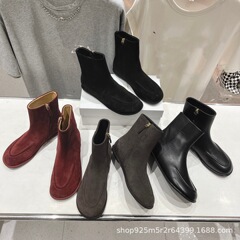 高端小众2025秋冬真皮圆头复古简约平底侧拉链显瘦短靴单靴裸靴女