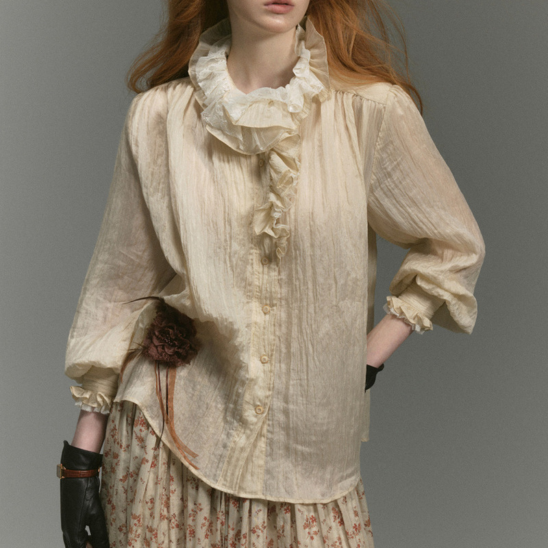 2026 Autumn Narcissus Retro Two-Tone Copper Amide Spliced Lace Heavy-Duty Court-Style Long-Sleeve Shirt