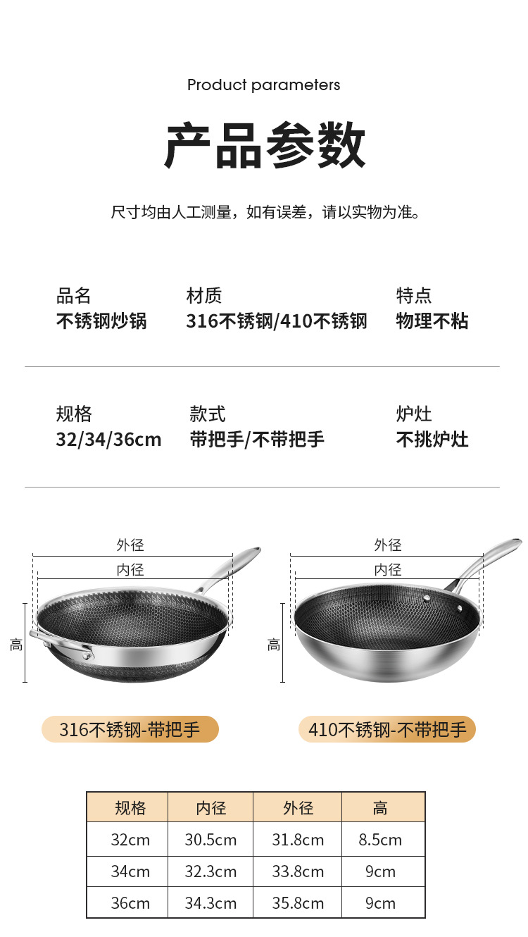 316材质蜂窝不粘炒锅不锈钢家用厨房煎锅双耳带盖电磁炉通用详情12