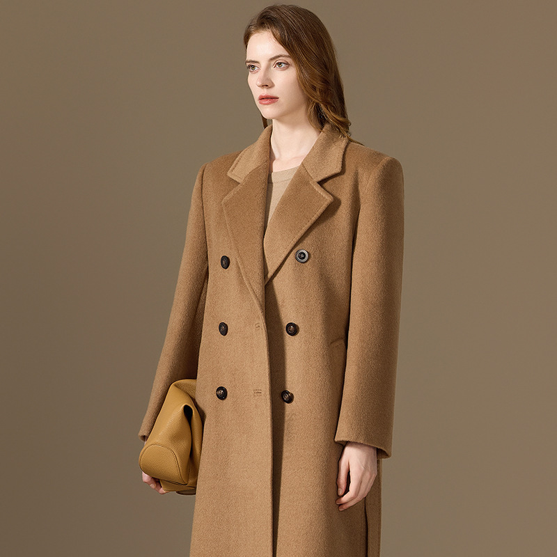 Lined 100% Camel Wool Coat for Women, Winter Thickened Version, Warm 101801 Right-Angle Shoulder Woolen Jacket