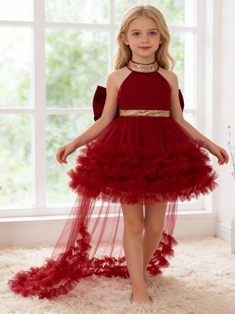 2026 nuevo vestido de princesa de malla de niñas vestido de noche sin mangas colgando el cuello vestido de niños vestido de espectáculo en stock