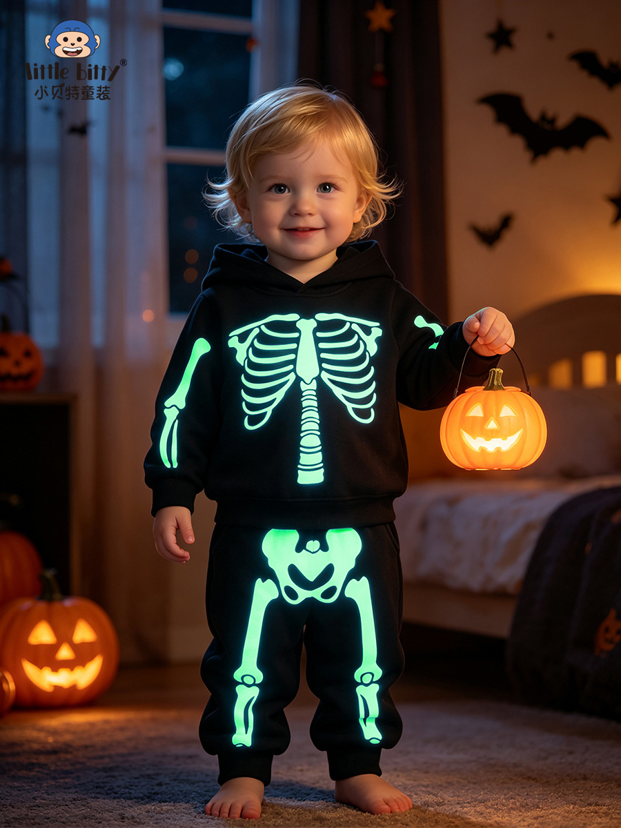 Cross-border children's clothing 2026 Halloween children's hooded sweatshirt set autumn and winter skeleton glow-in-the-dark two-piece set for toddlers