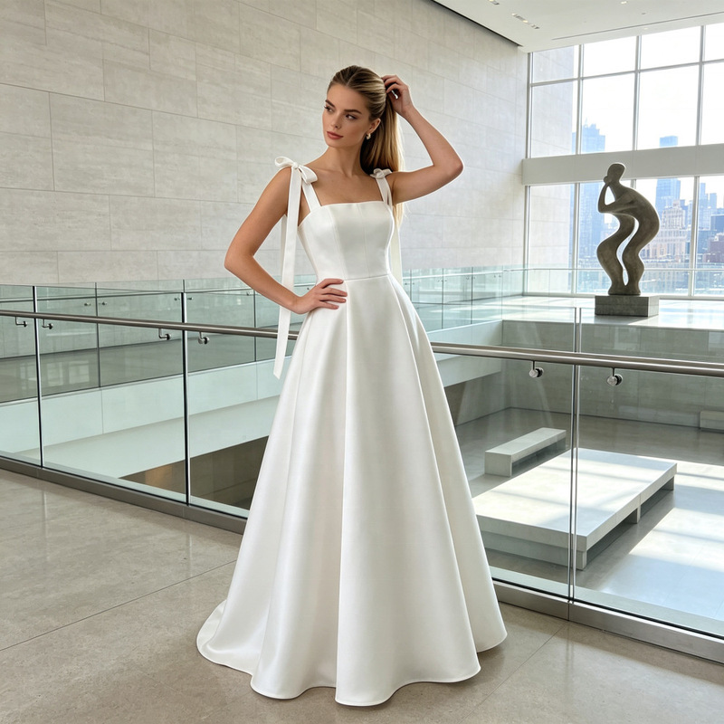 Evening dress in satin, A-line party dress with square neckline, bow tie, long floor-length formal gown for formal occasions