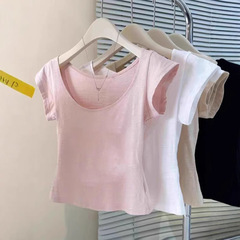 シンプルで万能な女性用右肩半袖Tシャツ2025夏新作小柄ウエスト痩身ピンク薄手トップス