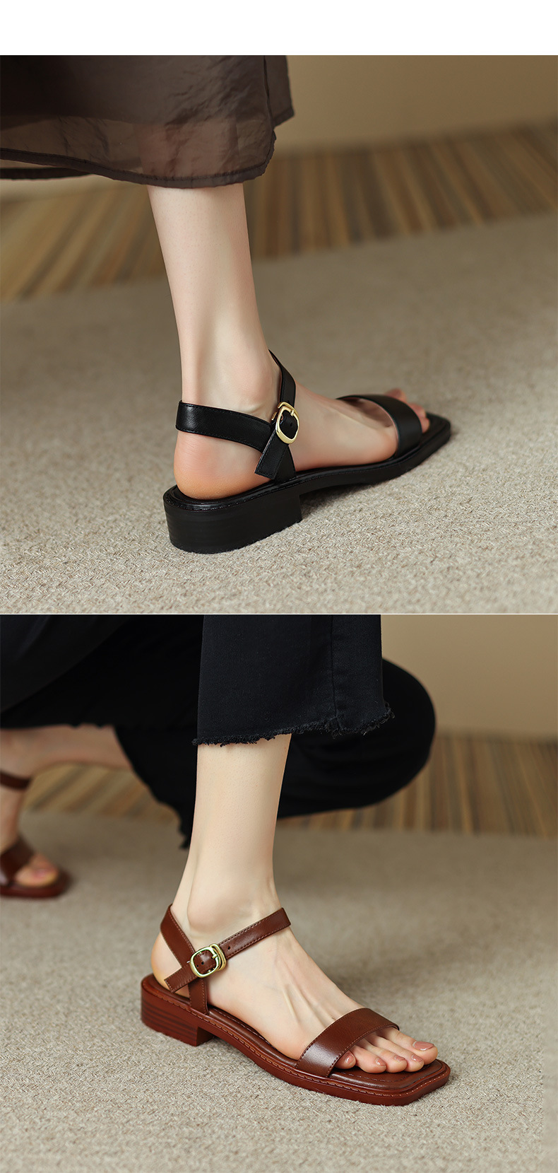 Sandal hở mũi nữ gót thấp quai ngang phong cách học đường — Màu nâu chi tiết 13