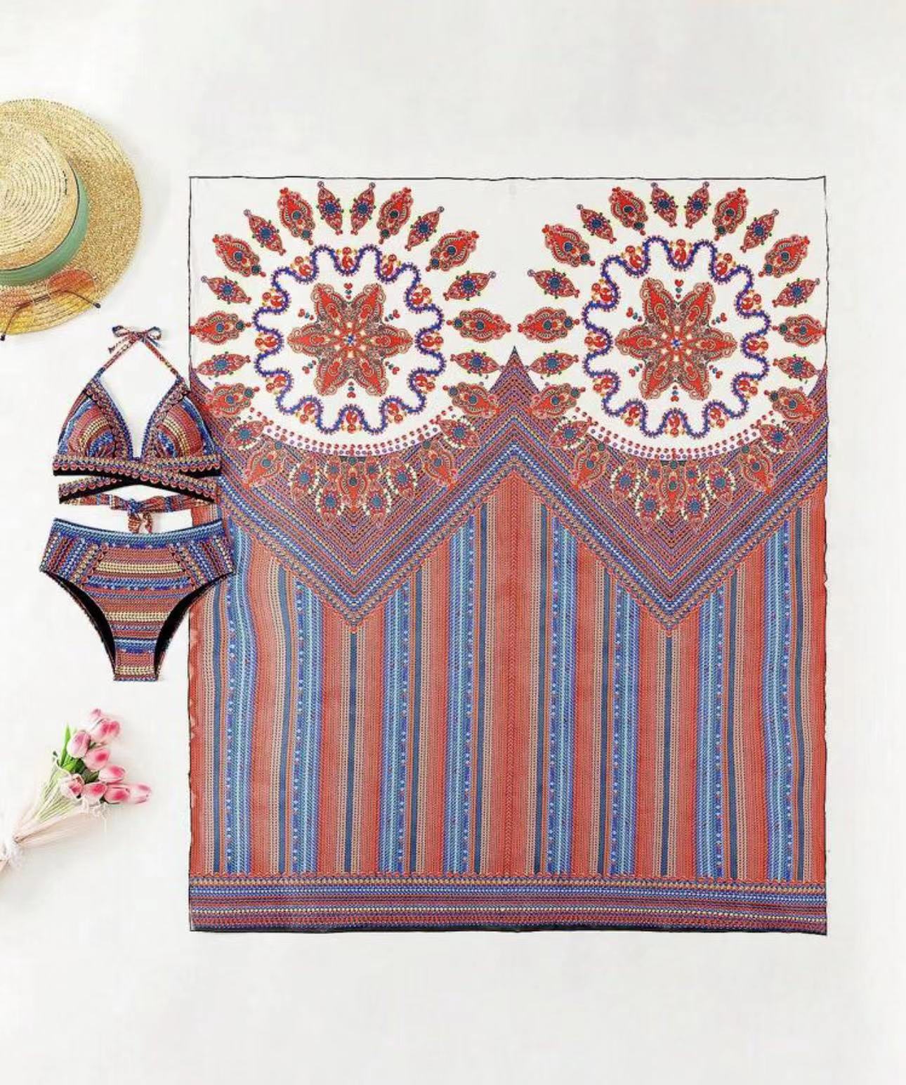 329g Weight Sleeveless Sleeve Length Polyester Fabric Type 3 Pieces Set Quantity Beach, Swimming Occasion Halter Neck Neckline Regular Fit Fit Type Color Block Pattern Women's Gender Beach, Modern Style Style Women's Lady Beach Modern Style Color Block 3 Pieces Set Bikinis Swimwear 5