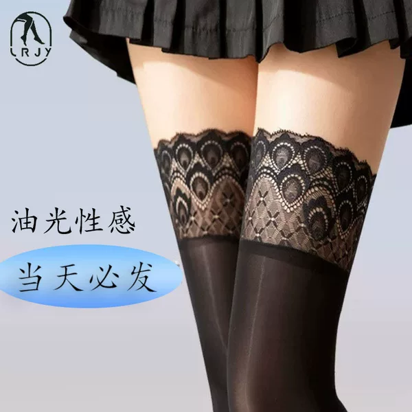 912 Needle Horse Oil Stockings Silicone Non-Slip Peacock Tail Lace Stockings 8D Oily Over-The-Knee Stockings Lace