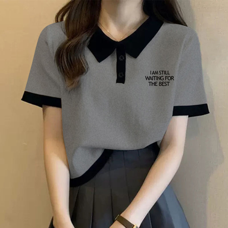2026 New Style Pure Cotton Gray Polo Collar Short-Sleeve Women's T-Shirt Summer Regular Shoulder T-Shirt with Contrasting Color Print and Turn-Down Collar Trendy Top