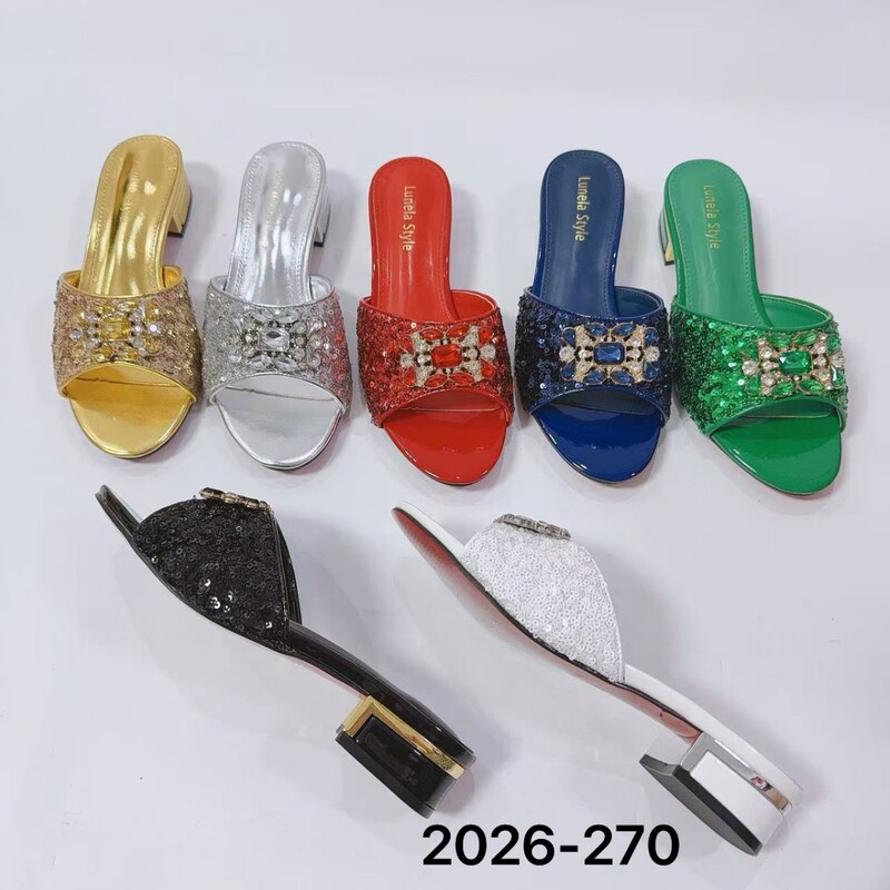Cross-Border Plus-Size 2025 New Style Sequin Rhinestone Square Buckle Chunky Heel Women's Slippers, Available in Multiple Colors, Fashionable for Outdoor Wear
