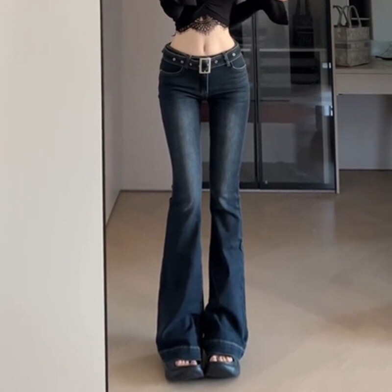 Low-Waisted Fashion Retro Dark Blue Flared Jeans for Women, Slimming and Height-Enhancing, Versatile Bell-Bottom Pants