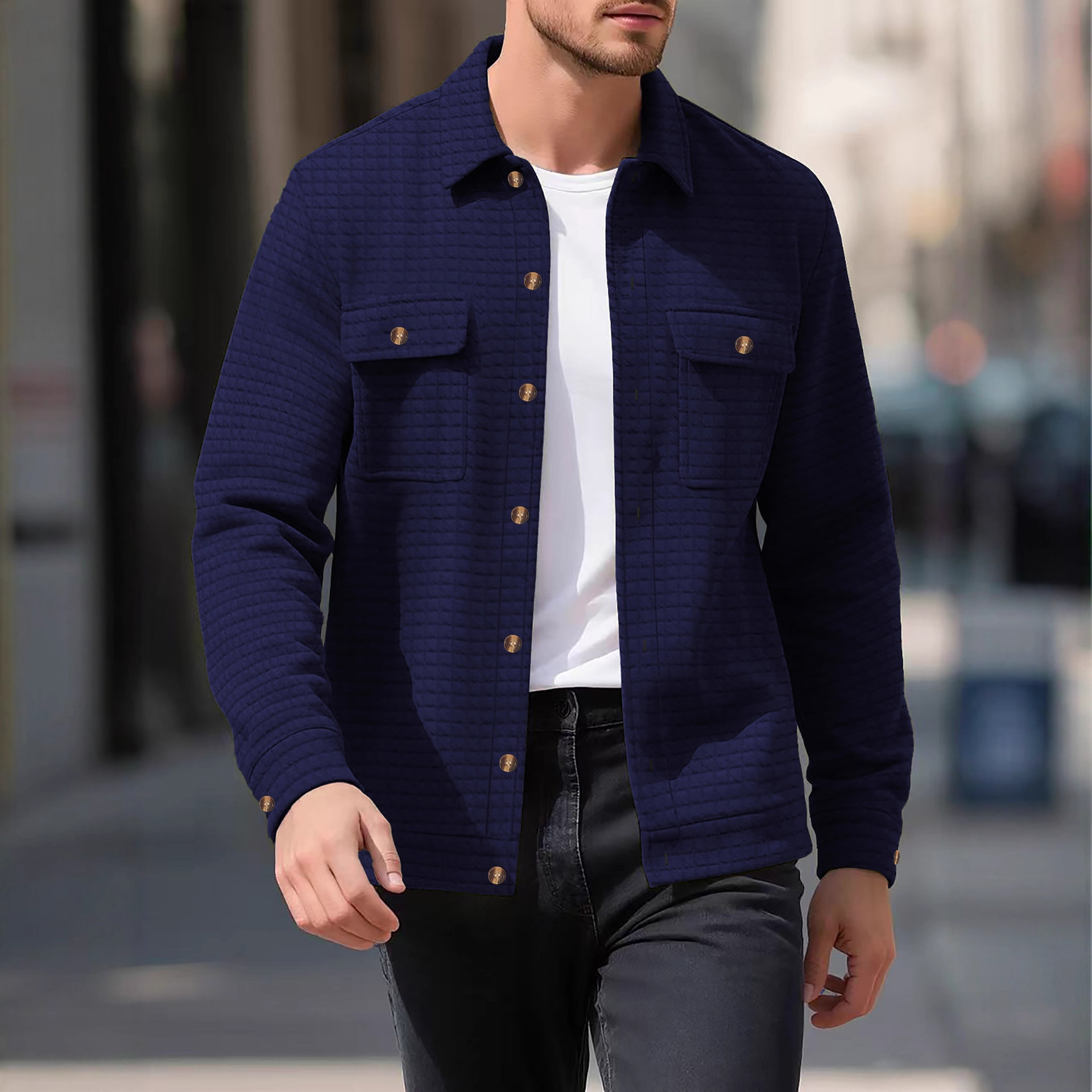Monochrome Man- European American Cross-Border Spring And Autumn Men's Casual Jacquard Small Checkered Loose Knitted Work Jacket_voghion.com