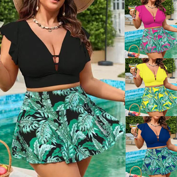 2026 New Amazon Cross-Border European and American Fat Woman Plus Size Swimsuit Skirt Style One-Piece Lotus Leaf Sleeve Sexy Split Swimsuit