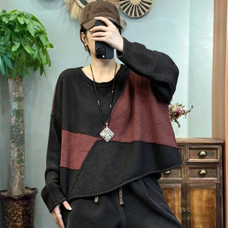 2026 Autumn Korean Style Loose Vintage Fashion Distressed Color Block Sweater Versatile Casual Knitwear for Women 2026 Autumn Korean Style Loose Vintage Fashion Distressed Color Block Sweater Versatile Casual Knitwear for Women