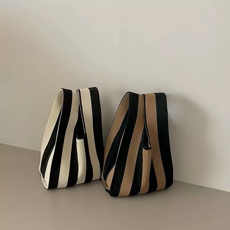 大容量小包包女条纹针织手提托特包外出便携收纳包竖条竖条单肩包