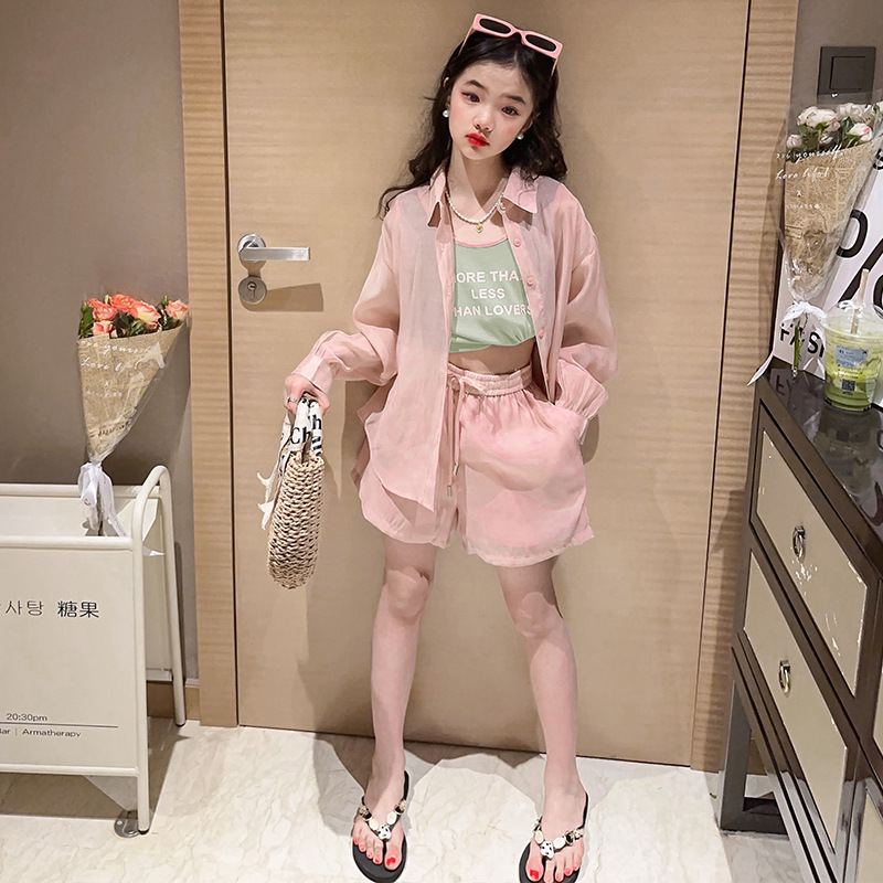 소녀 선 스크린 세트 여름 텐셀 선 스크린 긴 소매 셔츠 세트 유행 서양식 어린이 한국 스타일