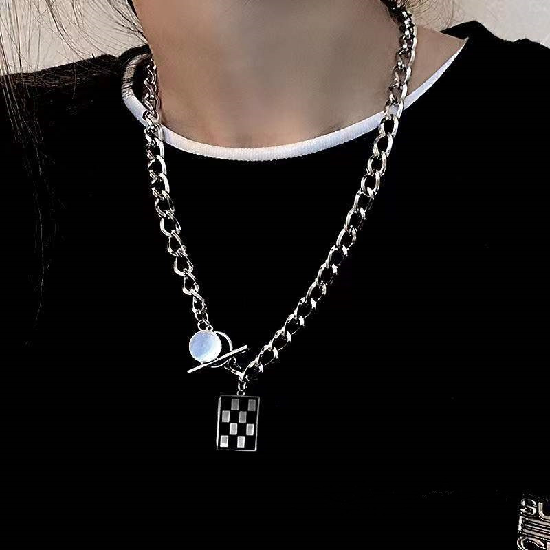 Square Black And White Checkerboard Pendant Alloy Necklace Fashion display picture 2