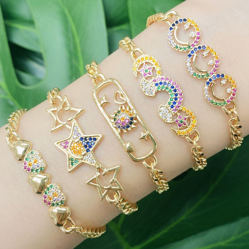 Cross-border European and American Punk Bracelet Simple Fashion Color Zirconium Love Letter Moon Star Bracelet Copper Micro-inlaid Bracelet